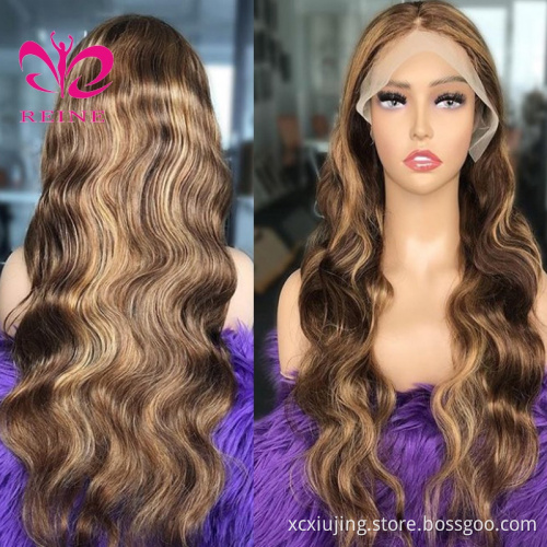 REINE Design Honey Blonde Highlight Wigs,Color 4/27 Highlight Lace Frontal Human Hair Full Lace Frontal Wigs,Brown Highlight Wig